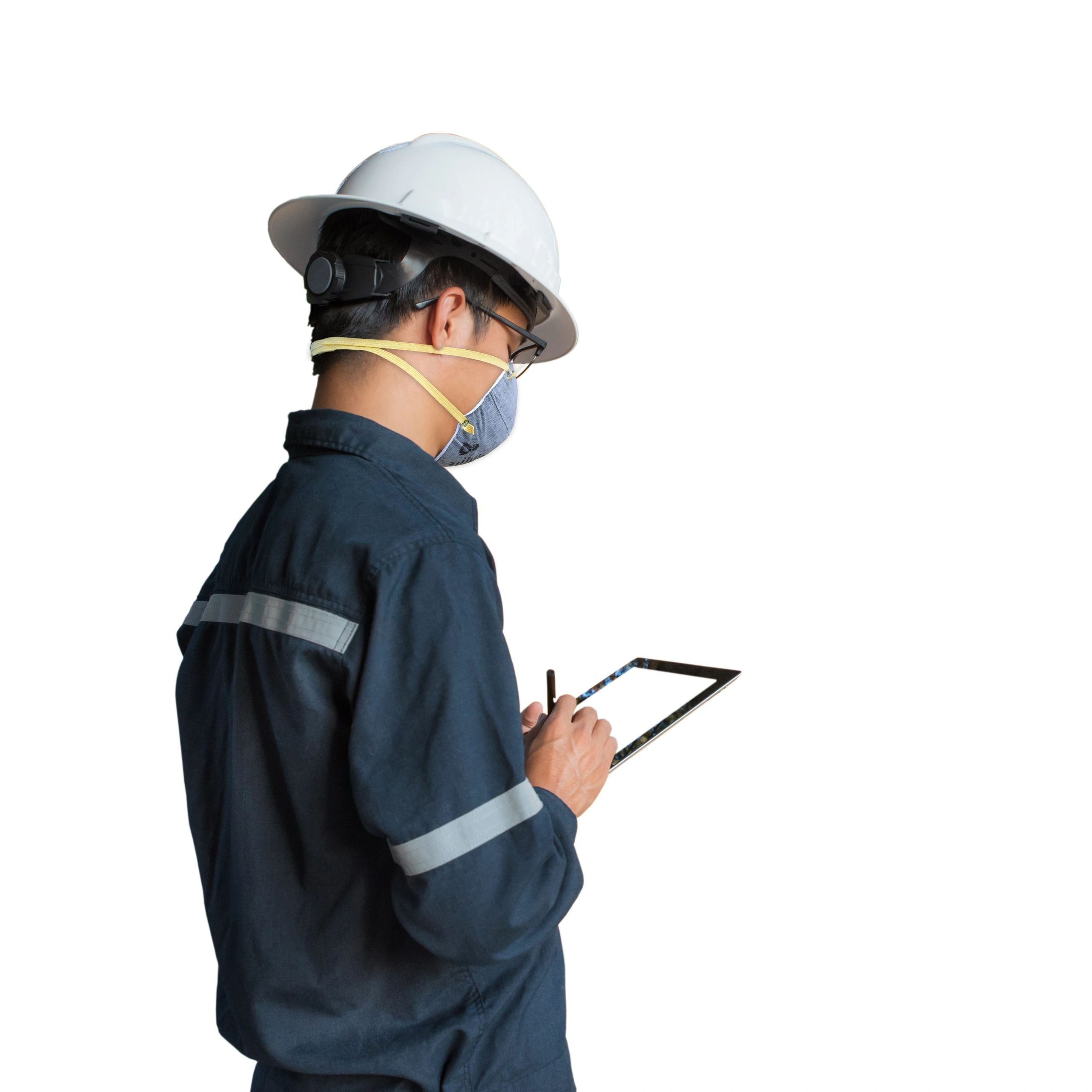 Safety inspector with clipboard and hard hat